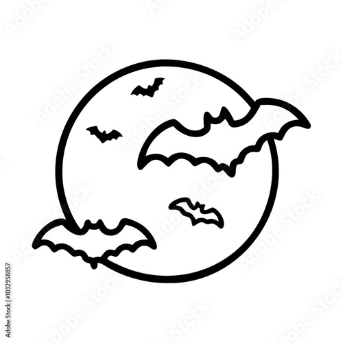 Black outline icon of a group of bats in flight, with outstretched wings and pointed ears, designed without a background, perfect for symbolizing Halloween, nighttime, and spooky themes.