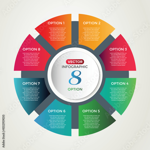 A circular infographic diagram featuring 8 options, designed as a round chart for business analytics, data visualization, and presentations. It utilizes a clean vector illustration style.