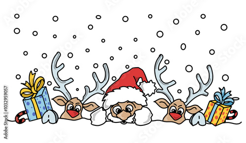 Christmas deer & Santa Claus, Sreindeer, animal, cartoon, illustration, winter, santa, holiday, sil, rudolph, antler, cute, xmas, mammal, nature, wild, card, design, elk, brown, funny, celebration,