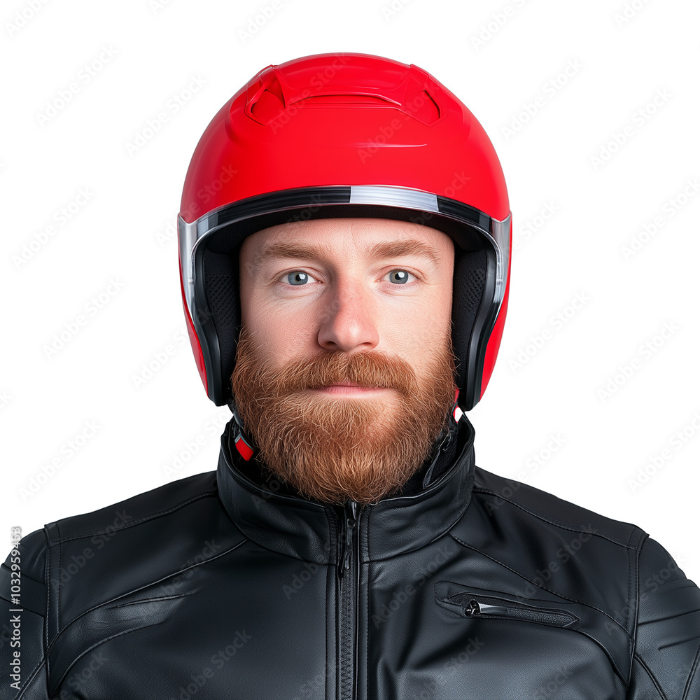 Confident man in red helmet and leather jacket on transparent background Confident man in red helmet and leather jacket on transparent background