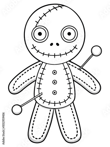 Halloween voodoo doll with stitches and button eyes, perfect for kids' coloring pages