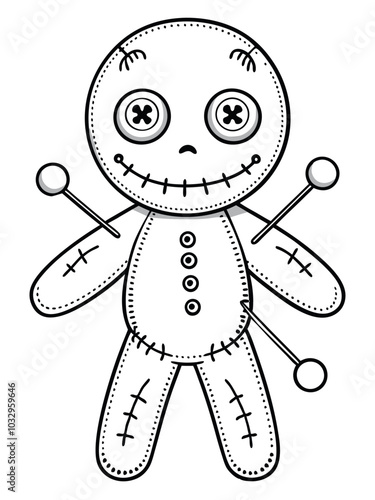 Halloween voodoo doll coloring page with pins and stitches, great for childrens activities