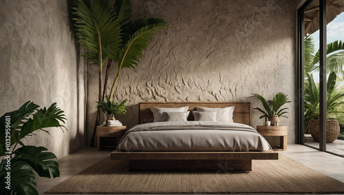 Tulum style summer bedroom with textured plastering on the walls and exotic palm trees