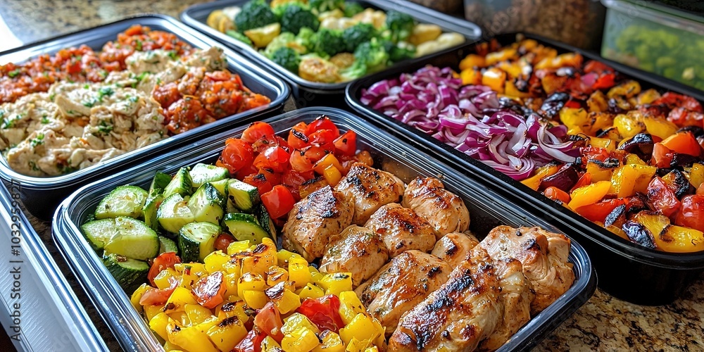 healthy meal prep with food portioned into plastic containers for storage for the week healthy meal prep with food portioned into plastic containers for storage for the week