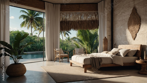 Tulum style summer bedroom with textured plastering on the walls and exotic palm trees