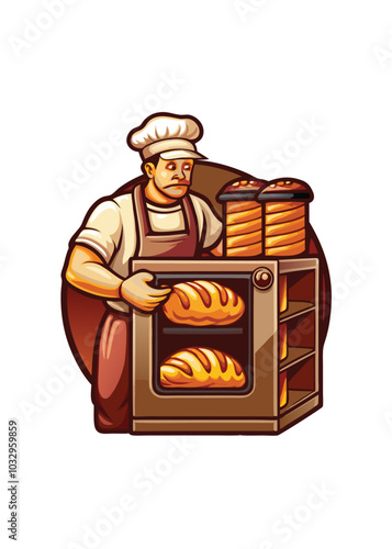 A cartoon baker in a white chef hat and brown apron takes two loaves of bread out of an oven.