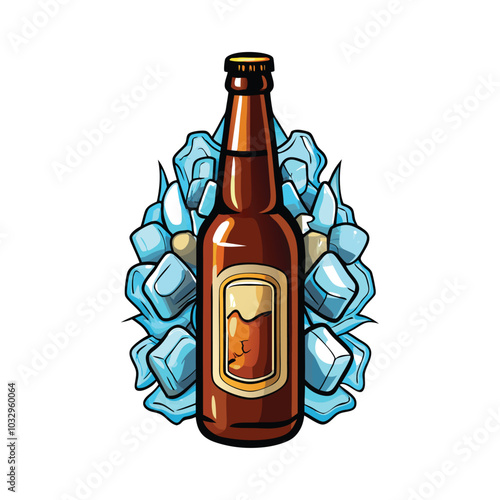 A brown beer bottle with a custom label design surrounded by ice cubes.