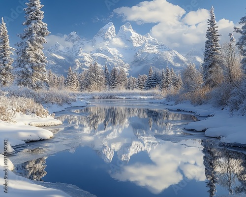 A serene photograph of winter landscapes with majestic snowcapped mountains in the background, conveying the peace and beauty of nature in winter photo