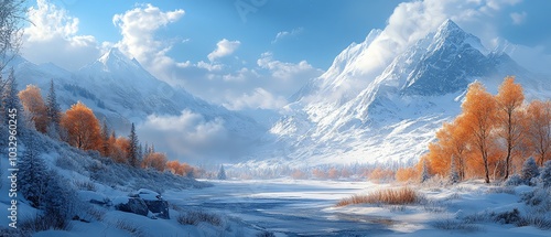 A vivid winter landscape photograph showcasing the breathtaking beauty of snowcapped mountains, capturing the serenity and calm of a winter day photo