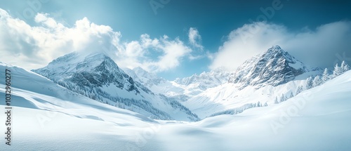 A vivid winter landscape photograph showcasing the breathtaking beauty of snowcapped mountains, capturing the serenity and calm of a winter day photo