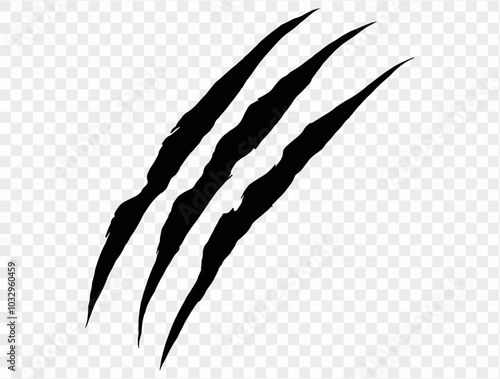 Three black claw scratches isolated on a transparent background. Perfect for Halloween designs, horror themes, and animalistic effects.