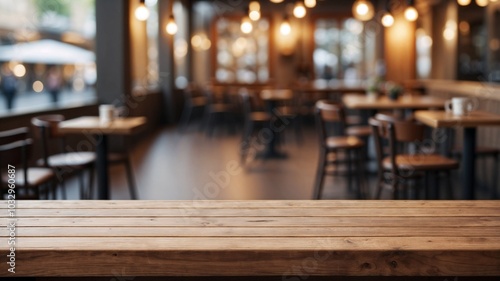 wooden table barista table product presentation in an empty restaurant or cafe indoor in the evening