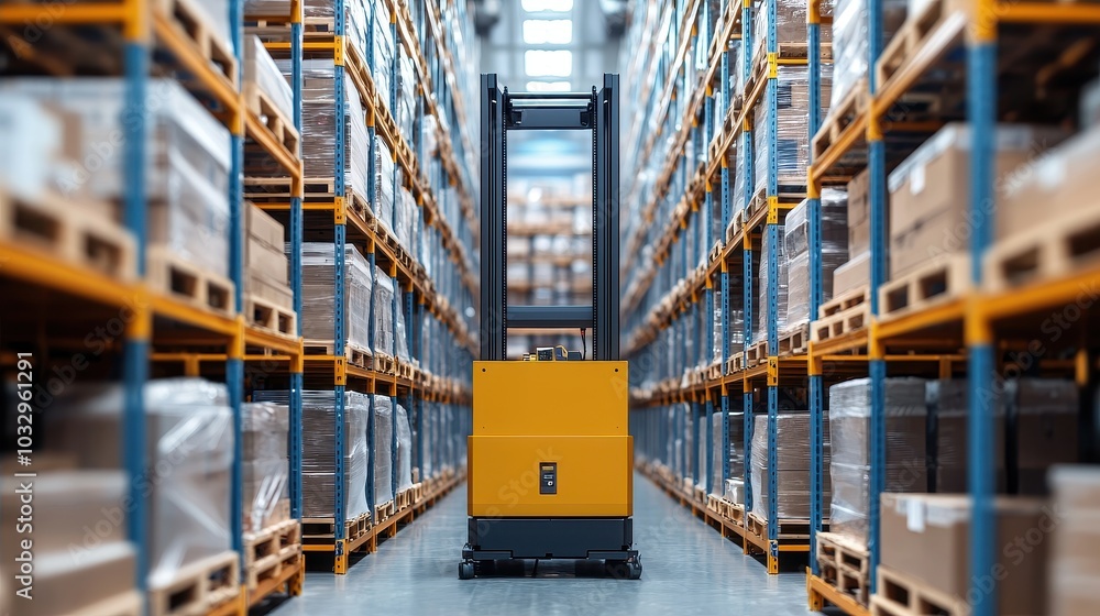 A yellow electric pallet jack stands between tall shelves filled with cardboard boxes in a vast warehouse. A yellow electric pallet jack stands between tall shelves filled with cardboard boxes in a vast warehouse.