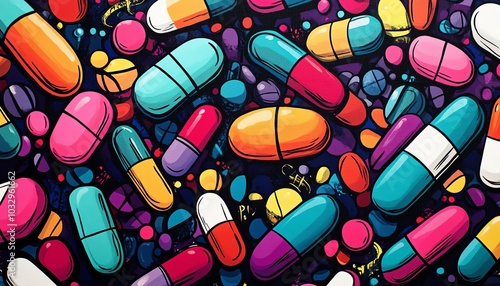 Colorful cartoon pills scattered across a bold background in a lively pattern, with vibrant colors and bold outlines