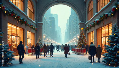 Christmas Shopping in Winter Urban Street with Festive Lights