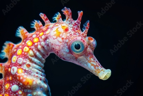 Mystic portrait of Big-belly Seahorse, copy space on right side, Close-up View, isolated on black background photo