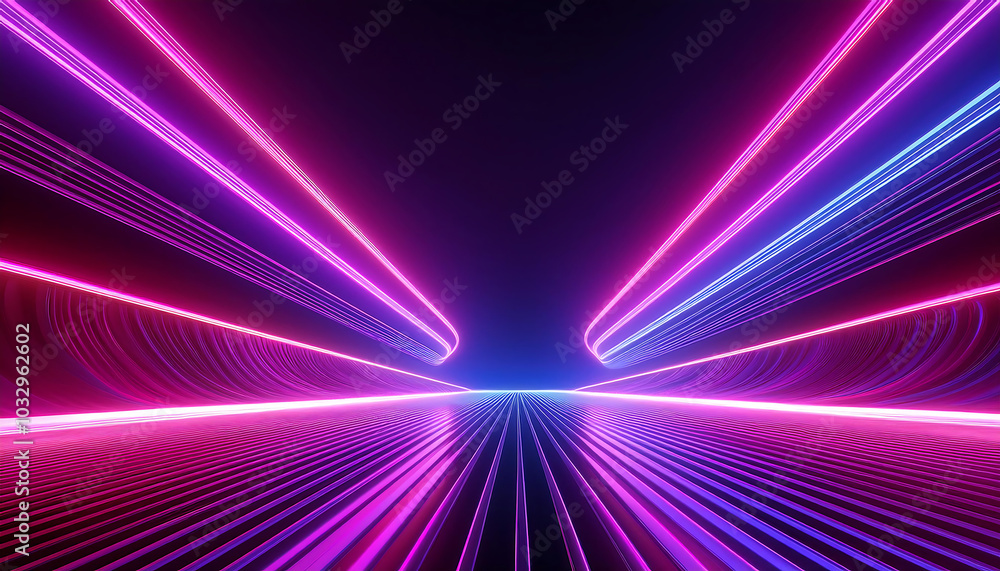 3d render, abstract panoramic neon background. Bright purple violet pink lines glowing 3d render, abstract panoramic neon background. Bright purple violet pink lines glowing