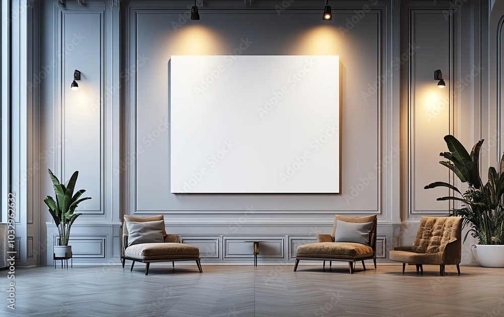 Highresolution 3D rendering of a blank white canvas mockup on a modern gallery wall, accented by soft spotlight lighting and a neutral backdrop Highresolution 3D rendering of a blank white canvas mockup on a modern gallery wall, accented by soft spotlight lighting and a neutral backdrop