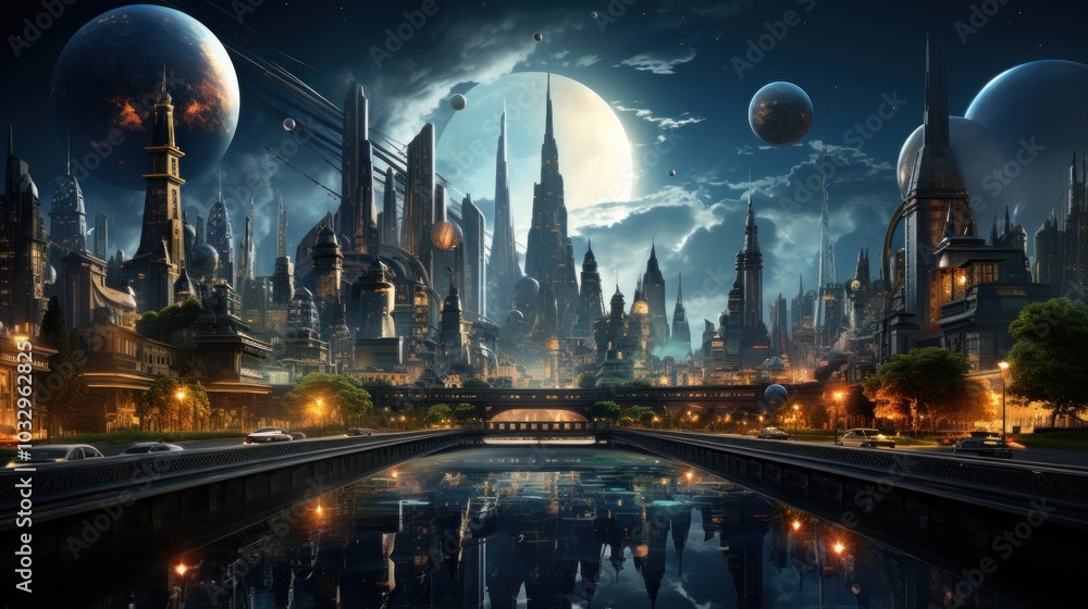 Fototapeta premium Futuristic Cityscape with Moons and Planets