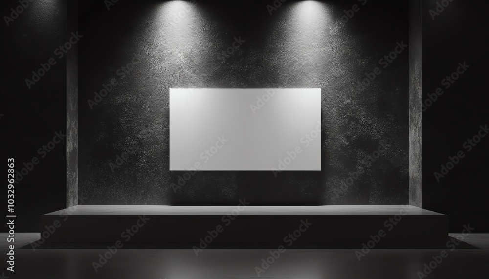 Obraz premium Modern art gallery with a blank white canvas displayed on a smooth wall, detailed 3D rendering with dramatic spotlight lighting and clean lines
