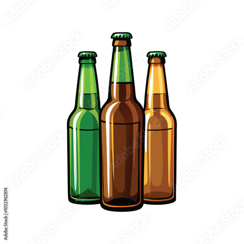 Three beer bottles, one green, one brown, one orange.