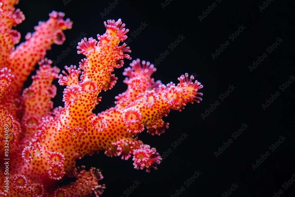 Mystic portrait of Fire Coral, copy space on right side, Close-up View, isolated on black background Mystic portrait of Fire Coral, copy space on right side, Close-up View, isolated on black background