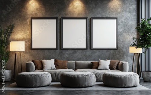 Three empty frames displayed in a highend gallery space, 3D rendering with accent lighting from stylish lamps creating a refined atmosphere