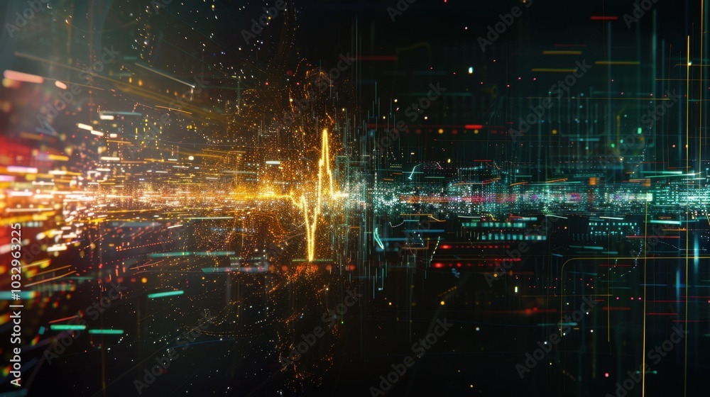 Fototapeta premium Vibrant Digital Waveform with Light Trails and Energy