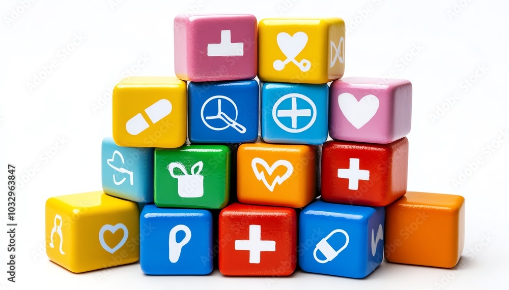 Colorful medical blocks stacked in a pyramid, symbolizing building a foundation of health, with each block representing a different health category Colorful medical blocks stacked in a pyramid, symbolizing building a foundation of health, with each block representing a different health category