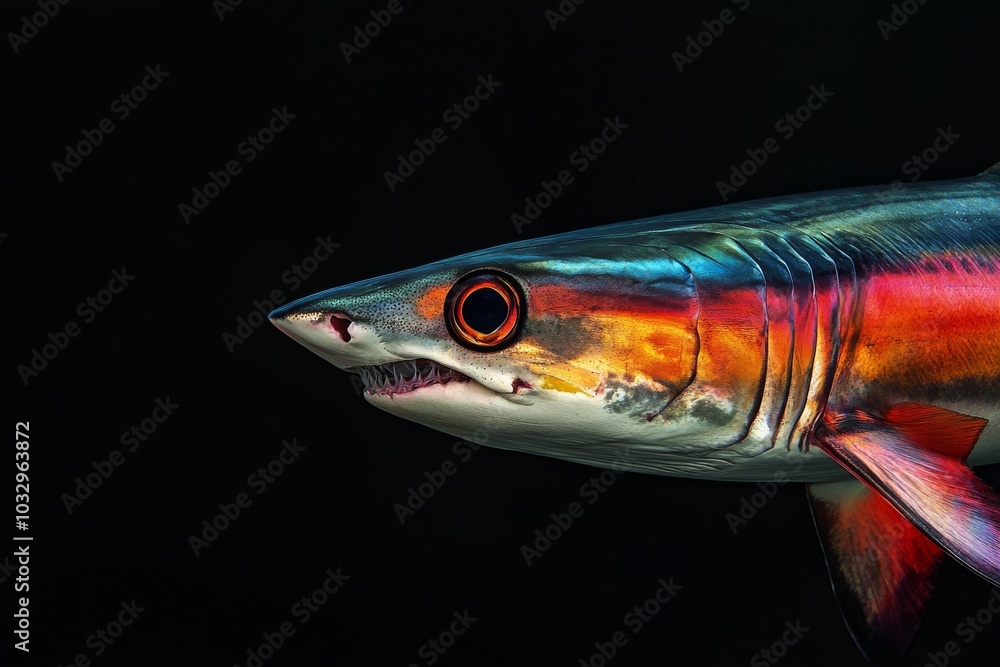 Fototapeta premium Mystic portrait of Mako Shark, copy space on right side, Close-up View, isolated on black background