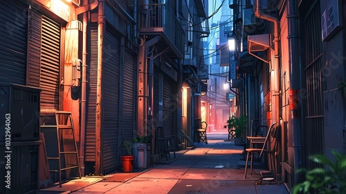 Narrow urban alley with chairs, style anime