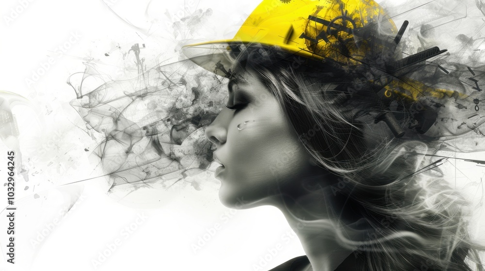 Fototapeta premium Woman with Yellow Hard Hat and Creative Smoke Effects