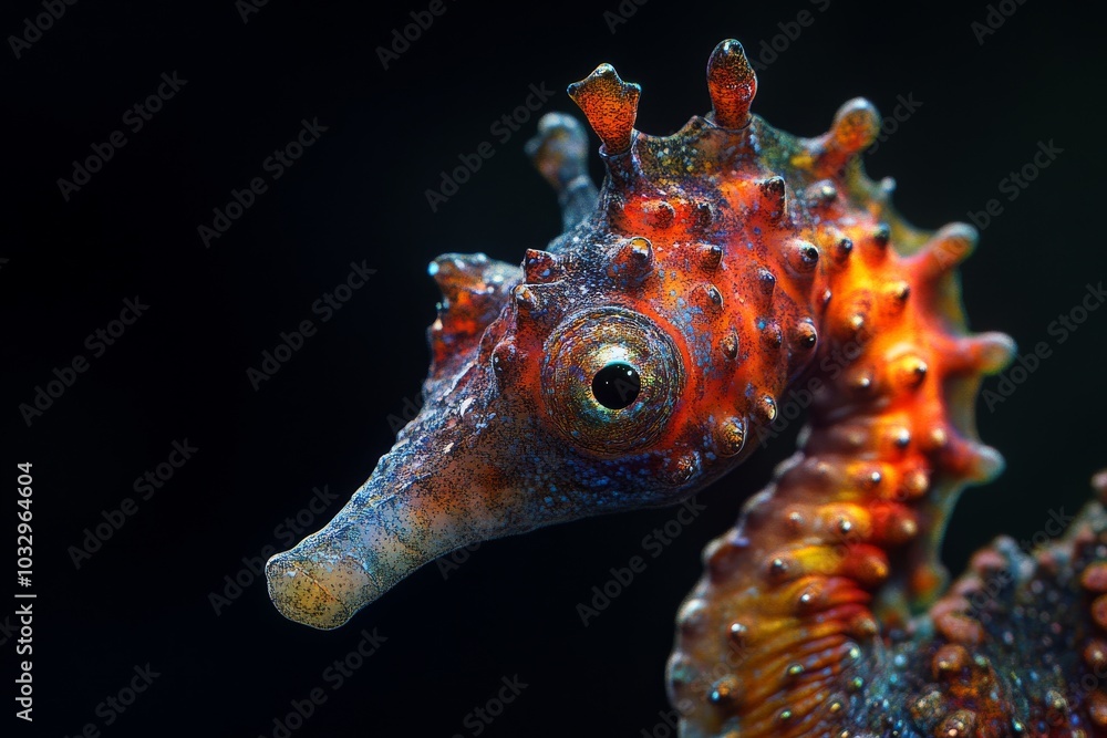 Mystic portrait of Pot bellied Seahorse, copy space on right side, Close-up View, isolated on black background Mystic portrait of Pot bellied Seahorse, copy space on right side, Close-up View, isolated on black background