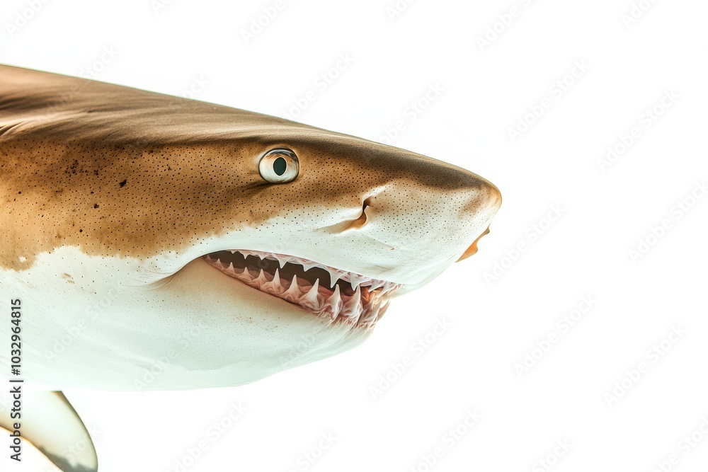 Naklejka premium Mystic portrait of Sand Tiger Shark in studio, copy space on right side, Close-up View, isolated on white background