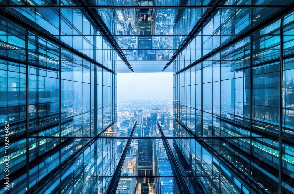 This abstract view of a city skyline, featuring sleek glass high rises illuminated by sky colors, evokes a sense of modernity and urban progress