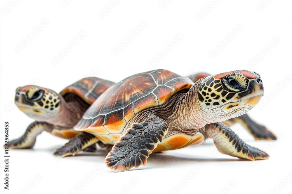 Mystic portrait of Sea Turtles in studio, copy space on right side, Close-up View, isolated on white background Mystic portrait of Sea Turtles in studio, copy space on right side, Close-up View, isolated on white background