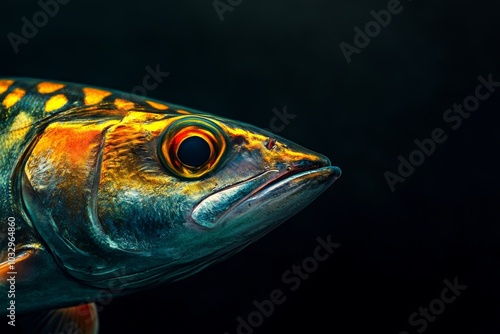 Mystic portrait of Spanish Mackerel, copy space on right side, Close-up View, isolated on black background photo