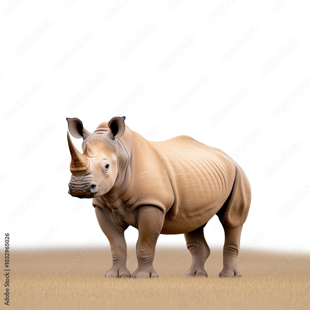 Obraz premium Majestic rhinoceros standing on open savannah with a transparent background