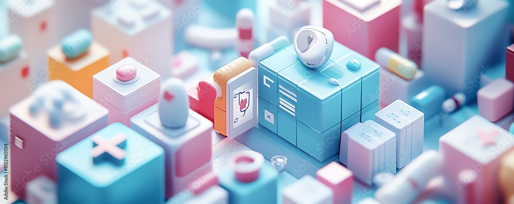 3D stacked medical blocks, each representing different health services like healthcare, nutrition, and diagnostics, in a clean, modern style 3D stacked medical blocks, each representing different health services like healthcare, nutrition, and diagnostics, in a clean, modern style