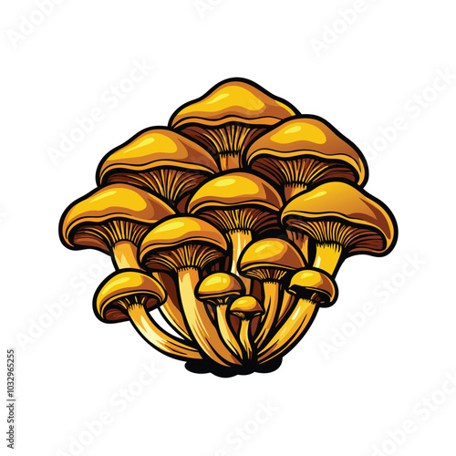 A cluster of realistic slippery jack mushrooms with yellow caps and brown stems.