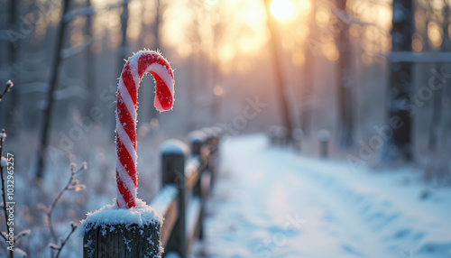 Candy Cane Stuck in Snowy Pathway at Sunset