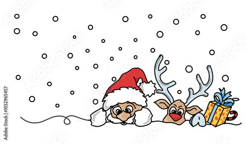 Christmas deer & Santa Claus, Sreindeer, animal, cartoon, illustration, winter, santa, holiday, sil, rudolph, antler, cute, xmas, mammal, nature, wild, card, design, elk, brown, funny, celebration,
