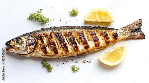 grilled fish on white background. 