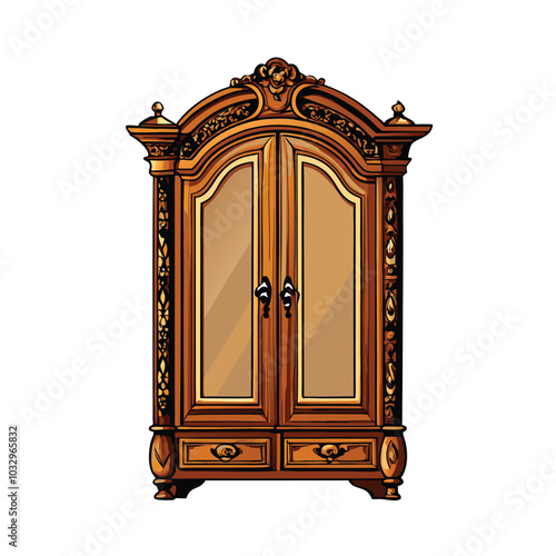 A hand-drawn antique wooden wardrobe with carved doors and a lacy design.