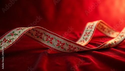 Red Ribbon with Christmas Patterns on Festive Fabric