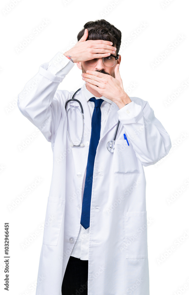 Young doctor man wearing hospital coat over isolated background Covering eyes and mouth with hands, surprised and shocked. Hiding emotion Young doctor man wearing hospital coat over isolated background Covering eyes and mouth with hands, surprised and shocked. Hiding emotion