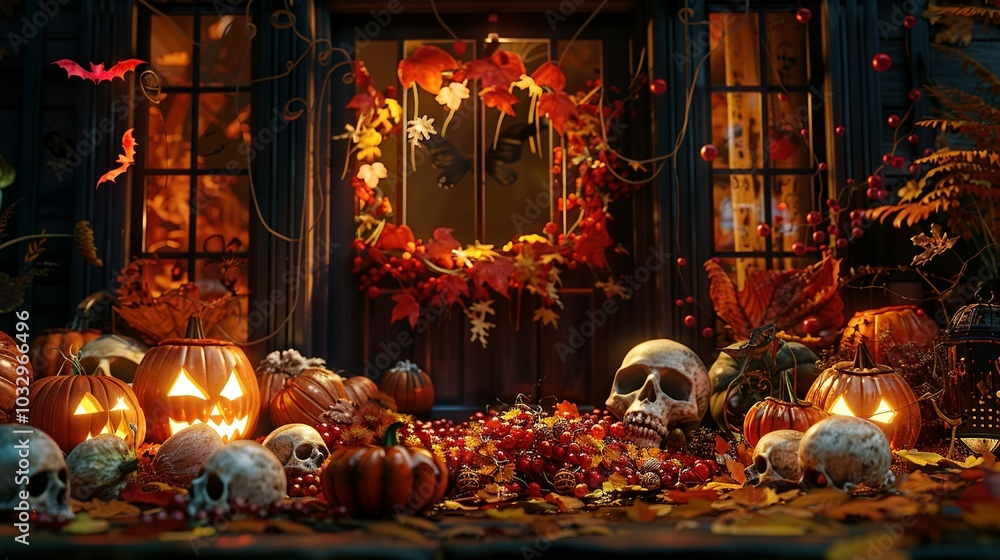 Fototapeta premium Spooky Halloween Decor with Jack-O'-Lanterns and Skulls