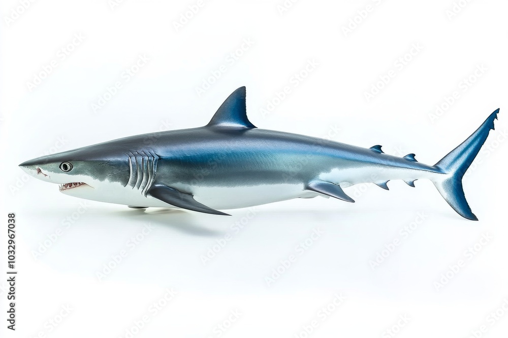 Naklejka premium the beside view Blue Shark, left side view, white copy space on right, Isolated on White Background