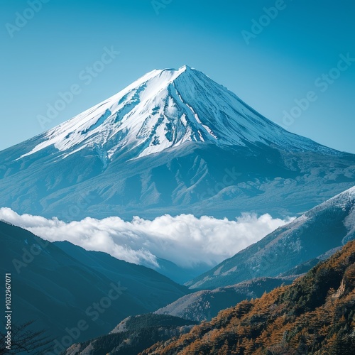 Generative AI of Mount Fuji for travel promotions, emphasizing the serene and majestic landscape of Japan. Ideal for showcasing nature tourism or adventure experiences in the region.