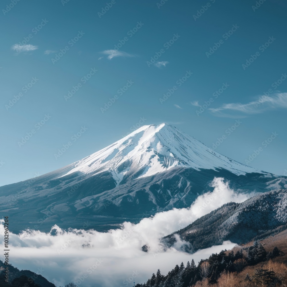 Generative AI of Mount Fuji for travel promotions, emphasizing the serene and majestic landscape of Japan. Ideal for showcasing nature tourism or adventure experiences in the region. Generative AI of Mount Fuji for travel promotions, emphasizing the serene and majestic landscape of Japan. Ideal for showcasing nature tourism or adventure experiences in the region.